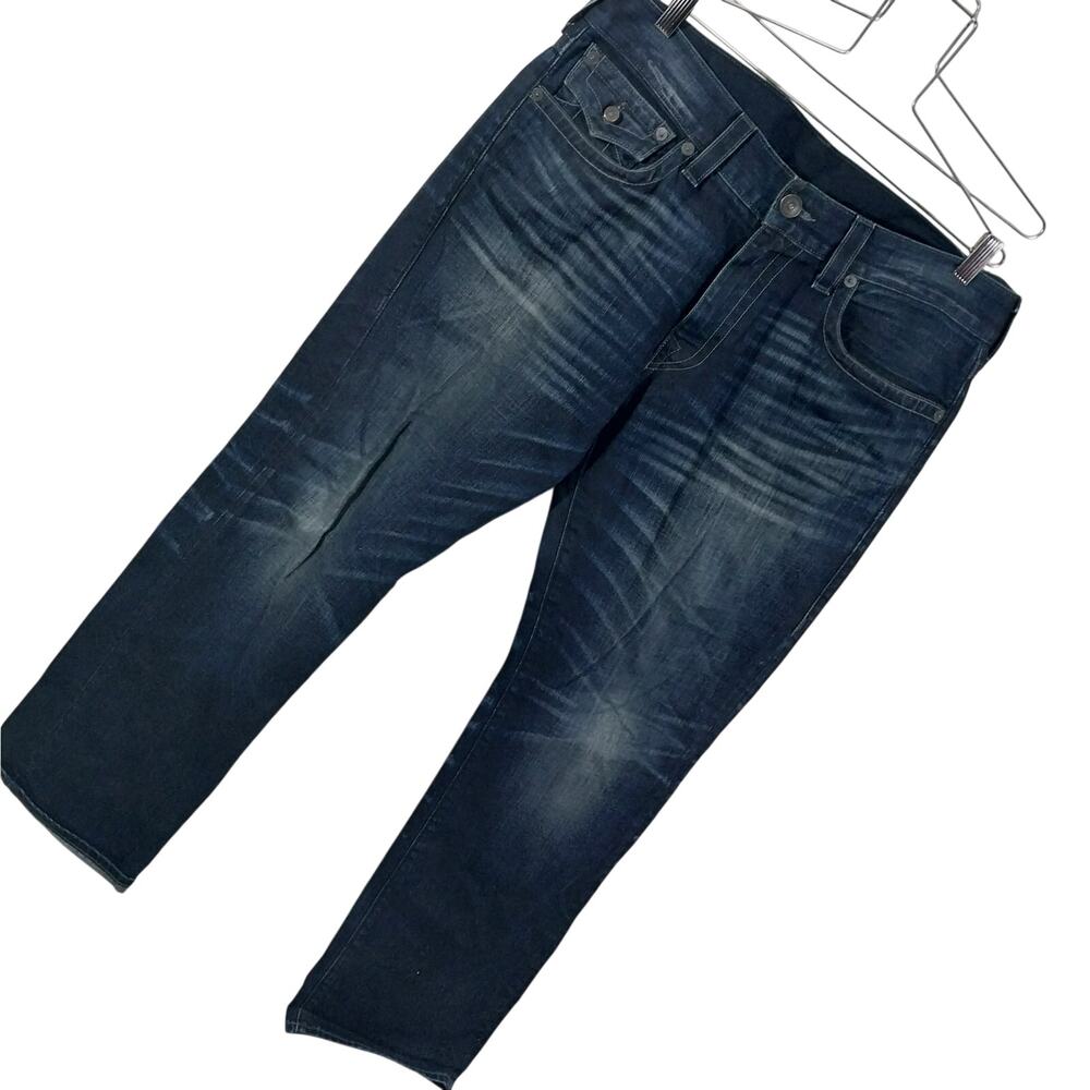 TRUE RELIGION! FAB DEEP BLUE, LOGO POCKET OMBRE FADE STRAIGHT LEG JEANS! SZ 36